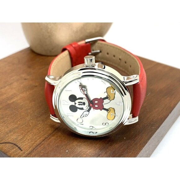Disney Mickey Mouse Women's Watch Silver Tone Case 38mm Red Leather Band… - Picture 8 of 14